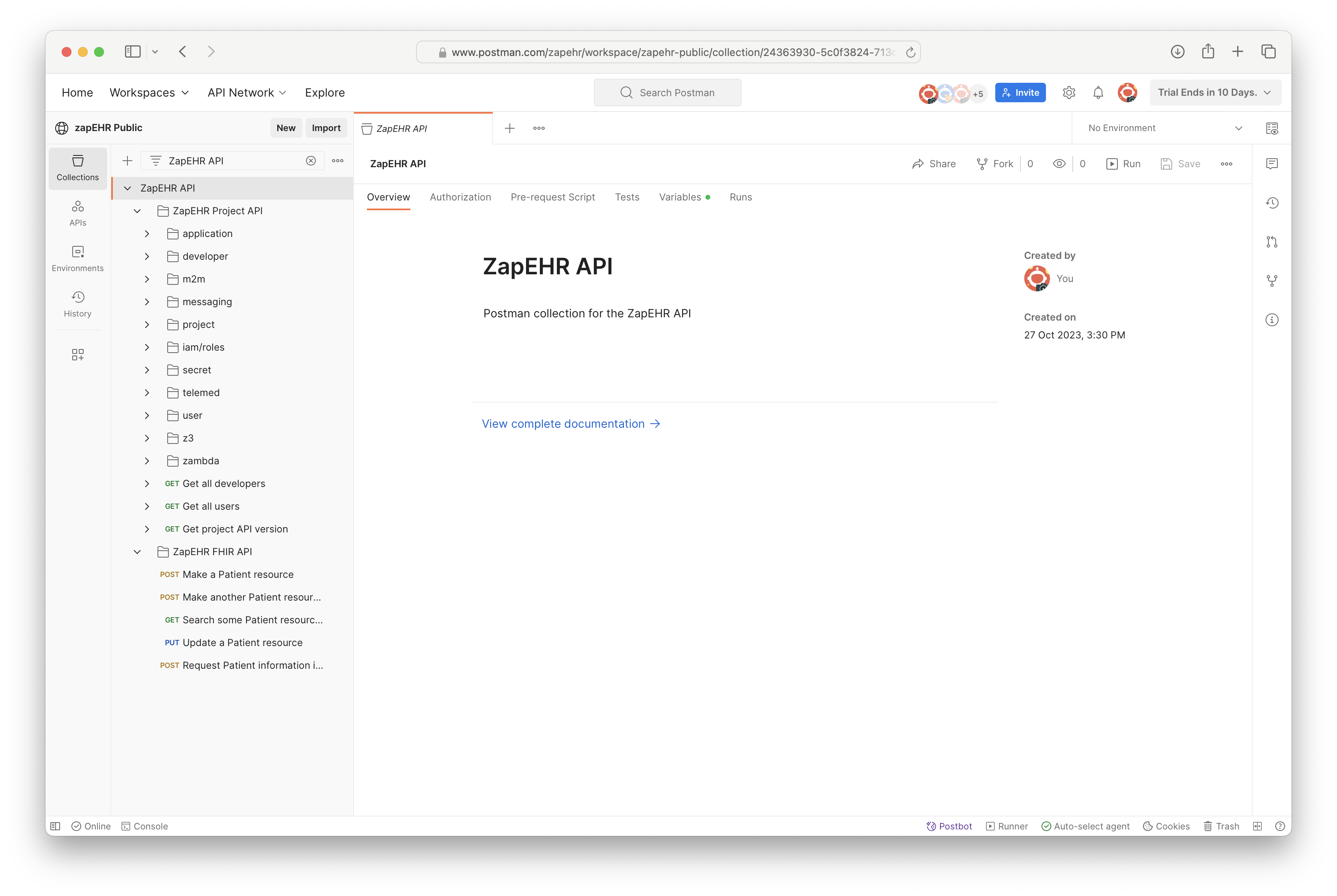 Screenshot of ZapEHR API Postman Collection